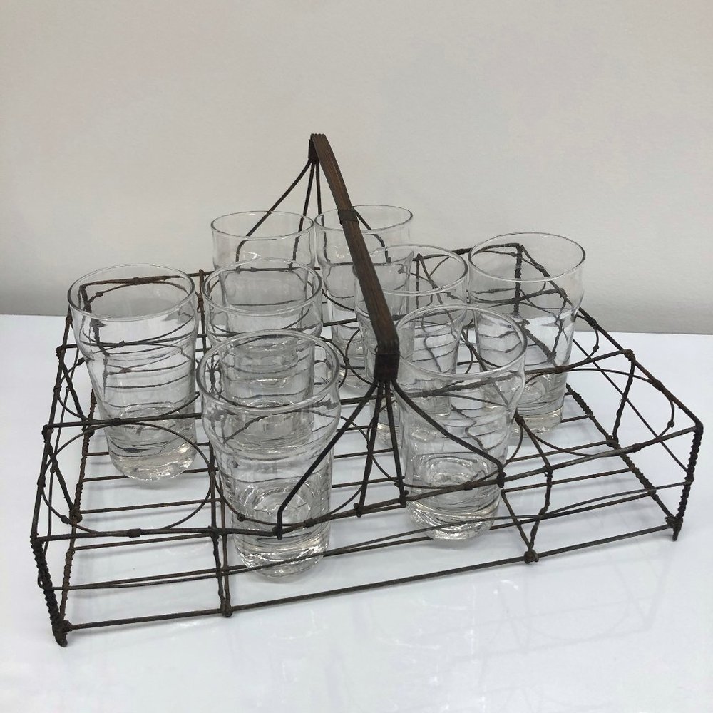 Antique French Fil de Fer Handle Basket/8 Glasses